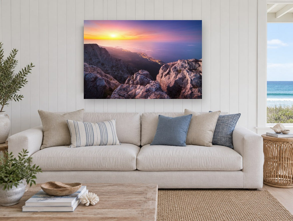 Summit Dusk Over the Coast landscape canvas print on the wall of a beach house living room