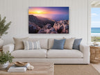 Summit Dusk Over the Coast landscape canvas print on the wall of a beach house living room