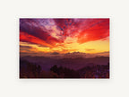 Crimson Ridge Sunset, red sunset over mountain ridges photograph, landscape canvas wall art print, front view