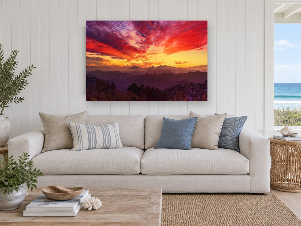 Crimson Ridge Sunset landscape canvas print on the wall of a beach house living room