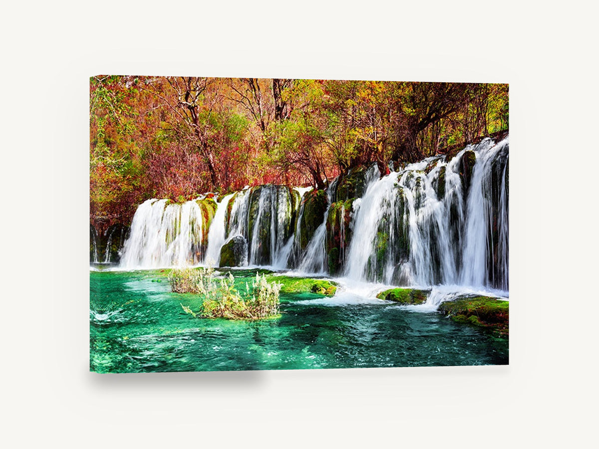 Autumn Turquoise Falls, autumn waterfall turquoise pool photograph, landscape canvas wall art print ready to hang
