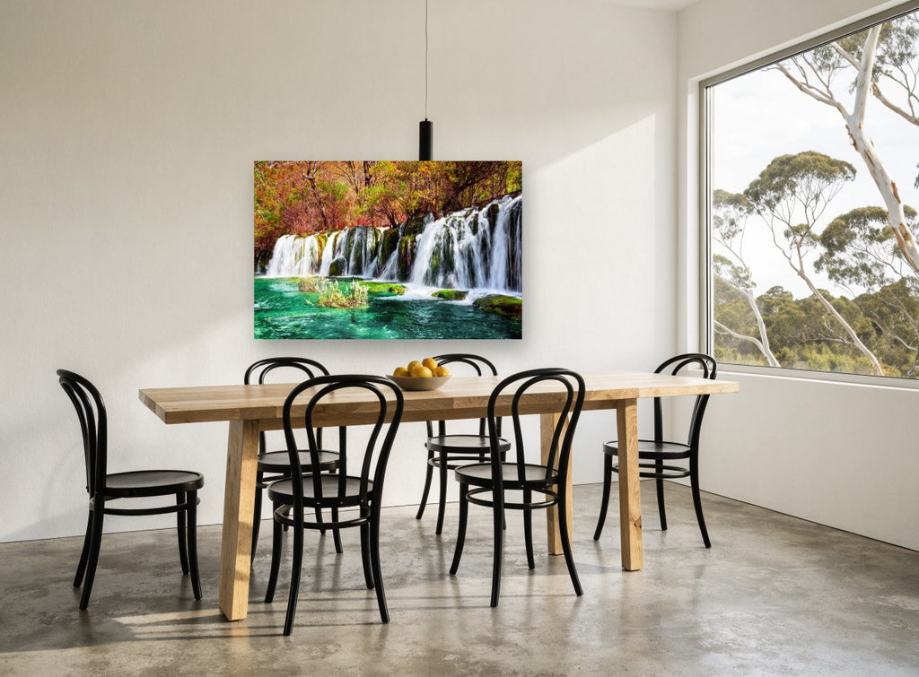 Autumn Turquoise Falls landscape canvas print on the wall of a dining room