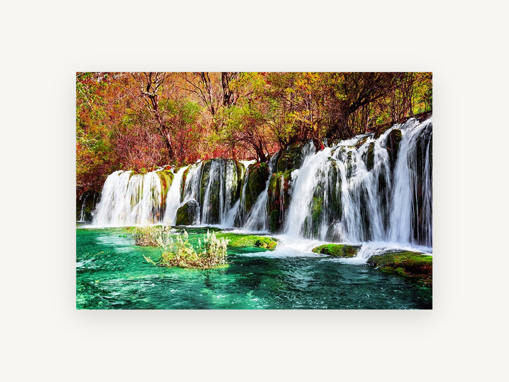 Autumn Turquoise Falls, autumn waterfall turquoise pool photograph, landscape canvas wall art print, front view