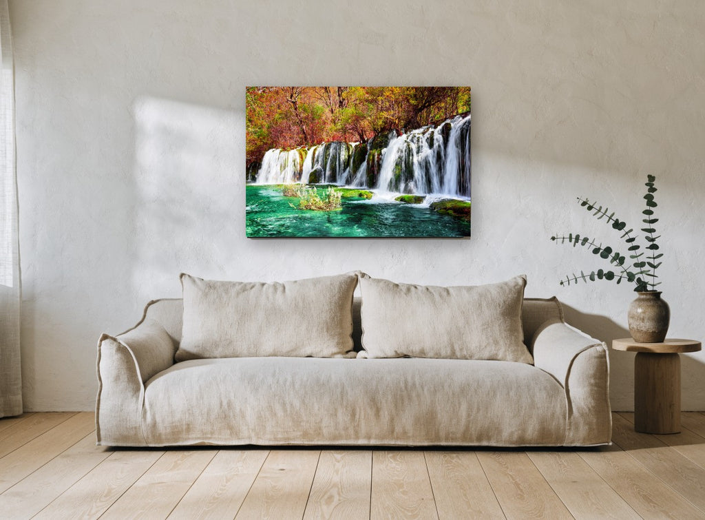 Autumn Turquoise Falls landscape canvas print on the wall of a living room
