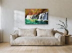 Autumn Turquoise Falls landscape canvas print on the wall of a living room