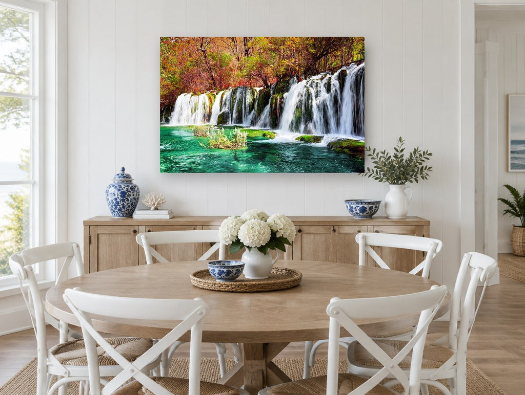 Autumn Turquoise Falls landscape canvas print on the wall of a Hamptons dining room