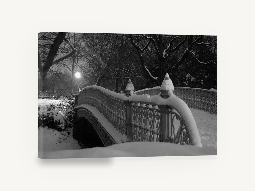 Snowbound Park Bridge, central park bridge in snow black and white photograph, city canvas wall art print ready to hang