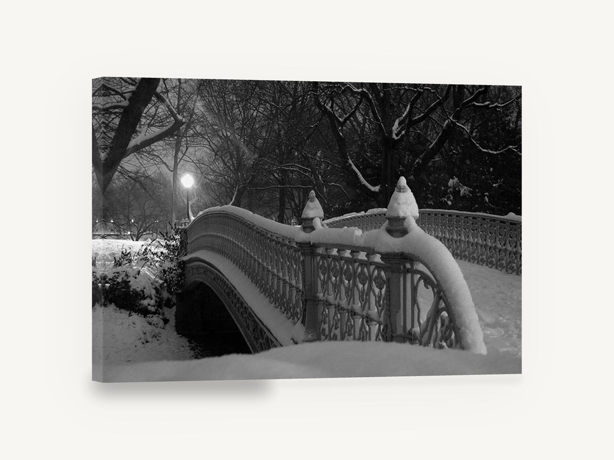 Snowbound Park Bridge, central park bridge in snow black and white photograph, city canvas wall art print ready to hang