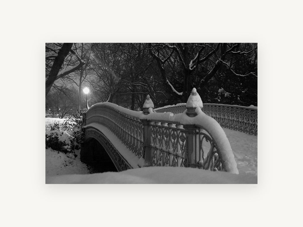 Snowbound Park Bridge, central park bridge in snow black and white photograph, city canvas wall art print, front view
