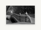 Snowbound Park Bridge, central park bridge in snow black and white photograph, city canvas wall art print, front view