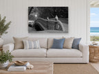 Snowbound Park Bridge city canvas print on the wall of a beach house living room