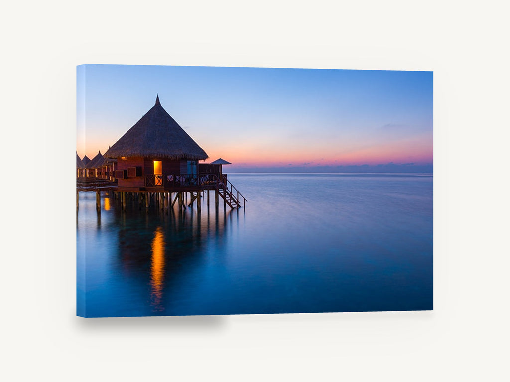Dusk at the Water Bungalows, overwater bungalow sunset ocean photograph, coastal canvas wall art print ready to hang