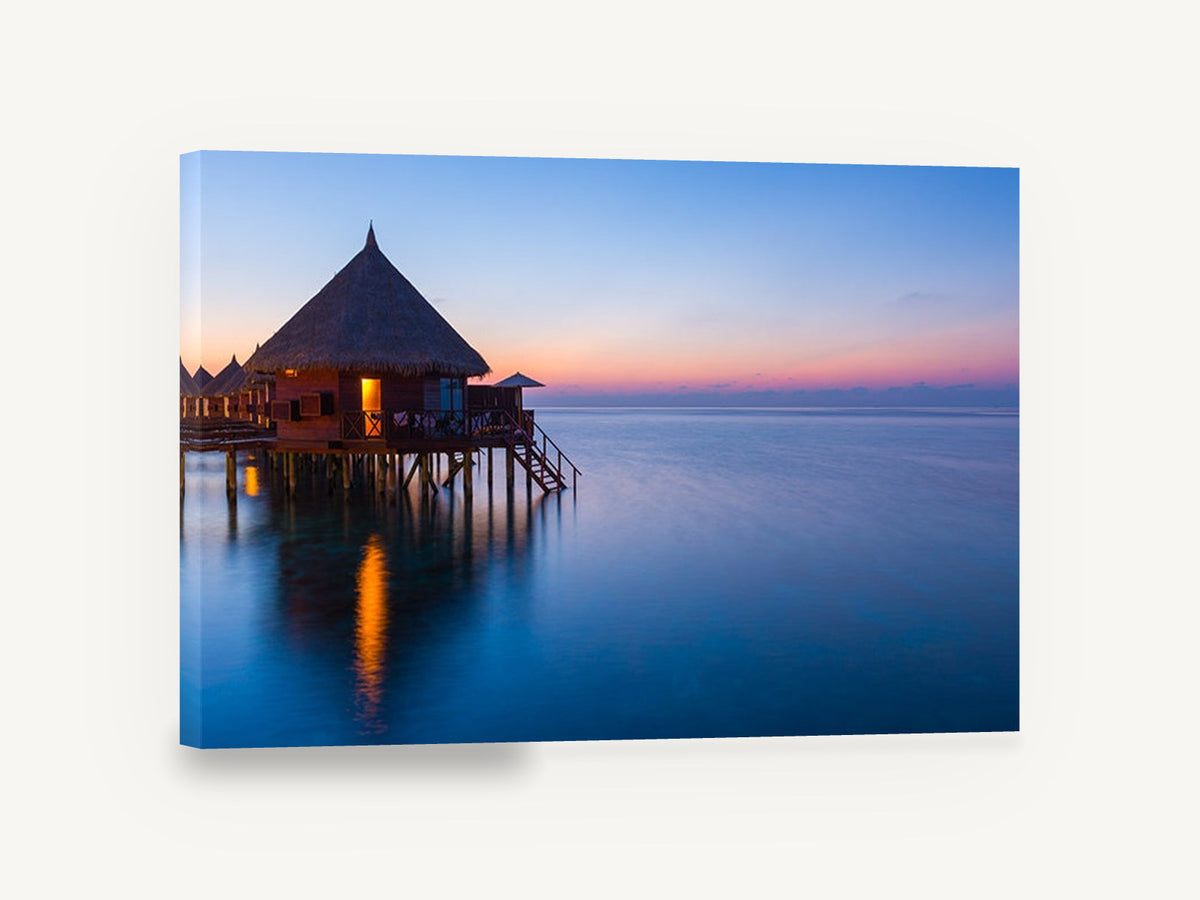 Dusk at the Water Bungalows, overwater bungalow sunset ocean photograph, coastal canvas wall art print ready to hang