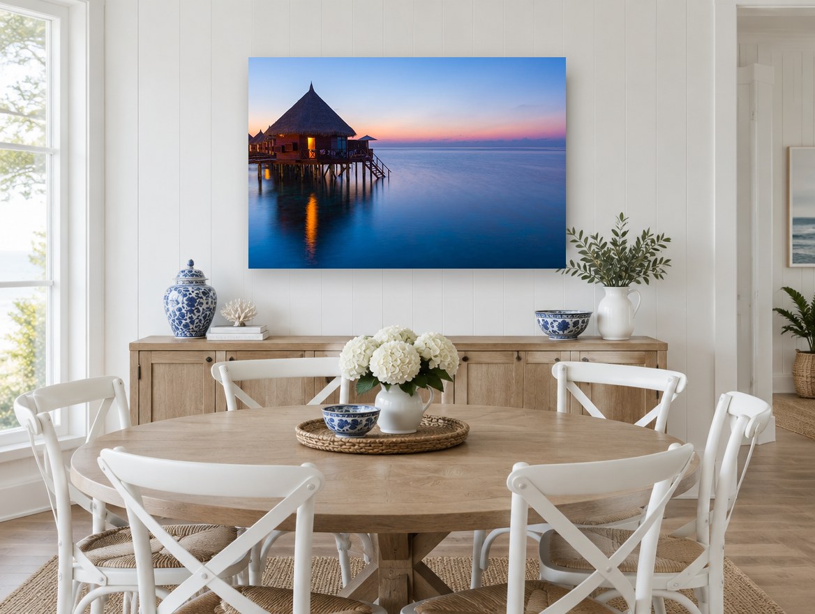 Dusk at the Water Bungalows coastal canvas print on the wall of a Hamptons dining room