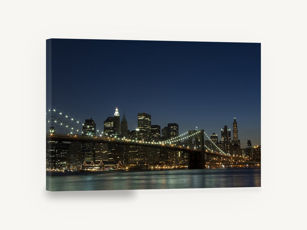 Brooklyn Bridge Midnight Glow, brooklyn bridge and manhattan skyline at night, city canvas wall art print ready to hang
