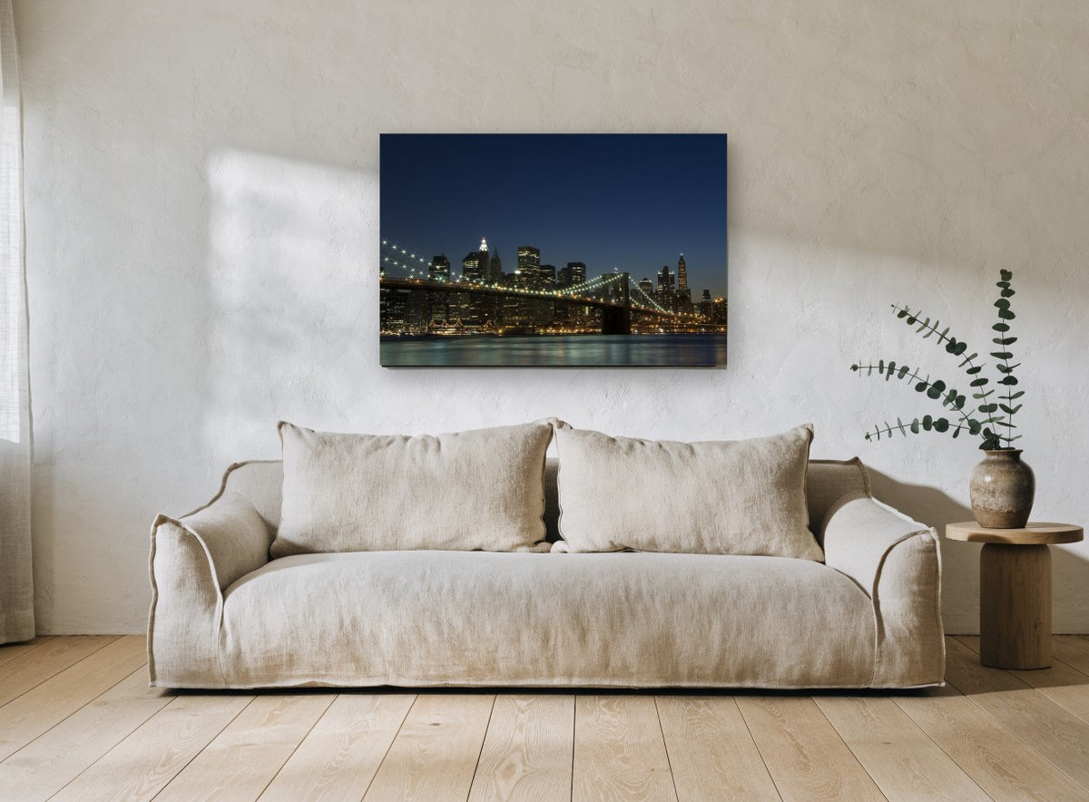 Brooklyn Bridge Blue Hour city canvas print on the wall of a living room