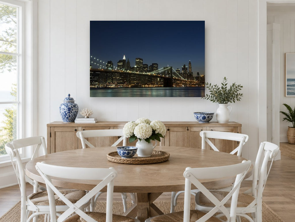 Brooklyn Bridge Midnight Glow city canvas print on the wall of a Hamptons dining room