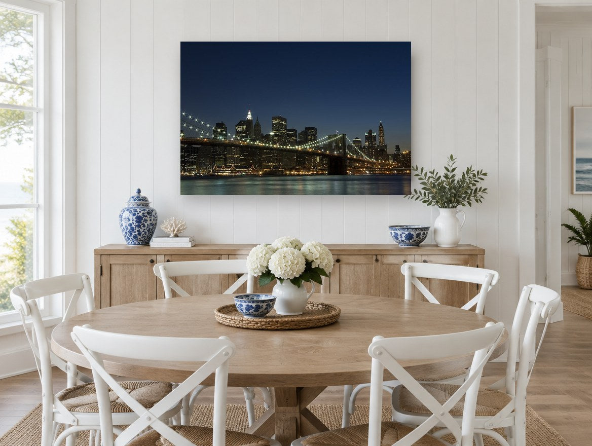 Brooklyn Bridge Blue Hour city canvas print on the wall of a Hamptons dining room