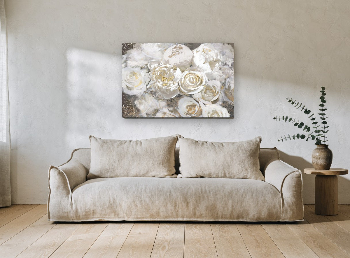 Ivory Gilt Bloom floral canvas print on the wall of a living room