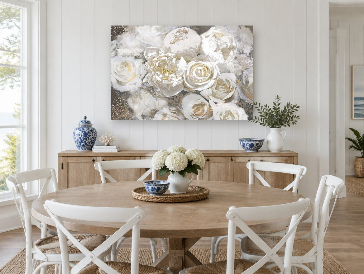 Ivory Gilt Bloom floral canvas print on the wall of a Hamptons dining room