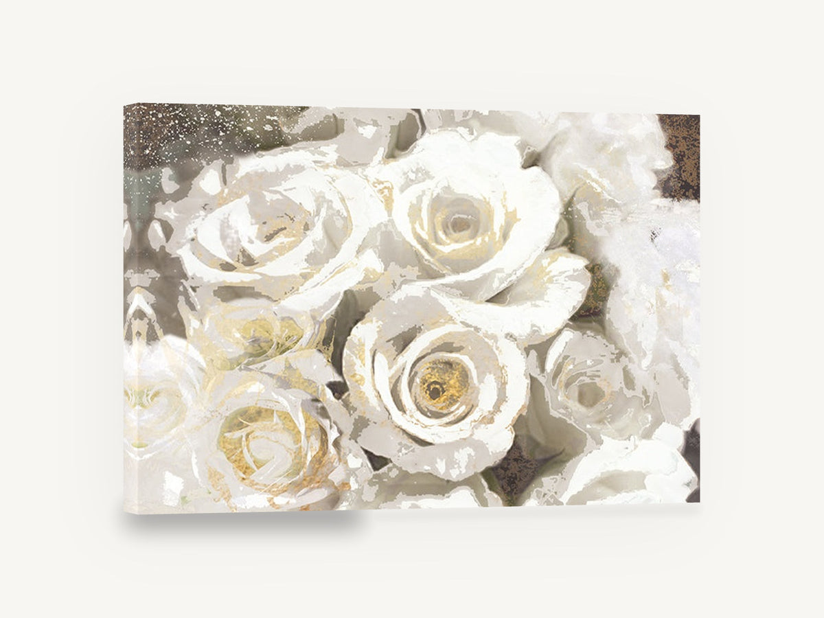 Gilded White Roses, white roses gold accent floral art, floral canvas wall art print ready to hang