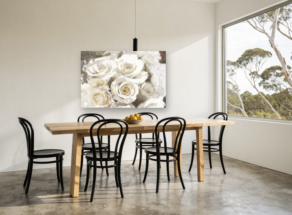 Gilded White Roses floral canvas print on the wall of a dining room