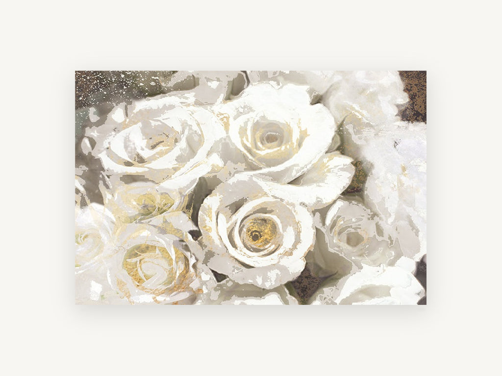 Gilded White Roses, floral canvas wall art print, front view