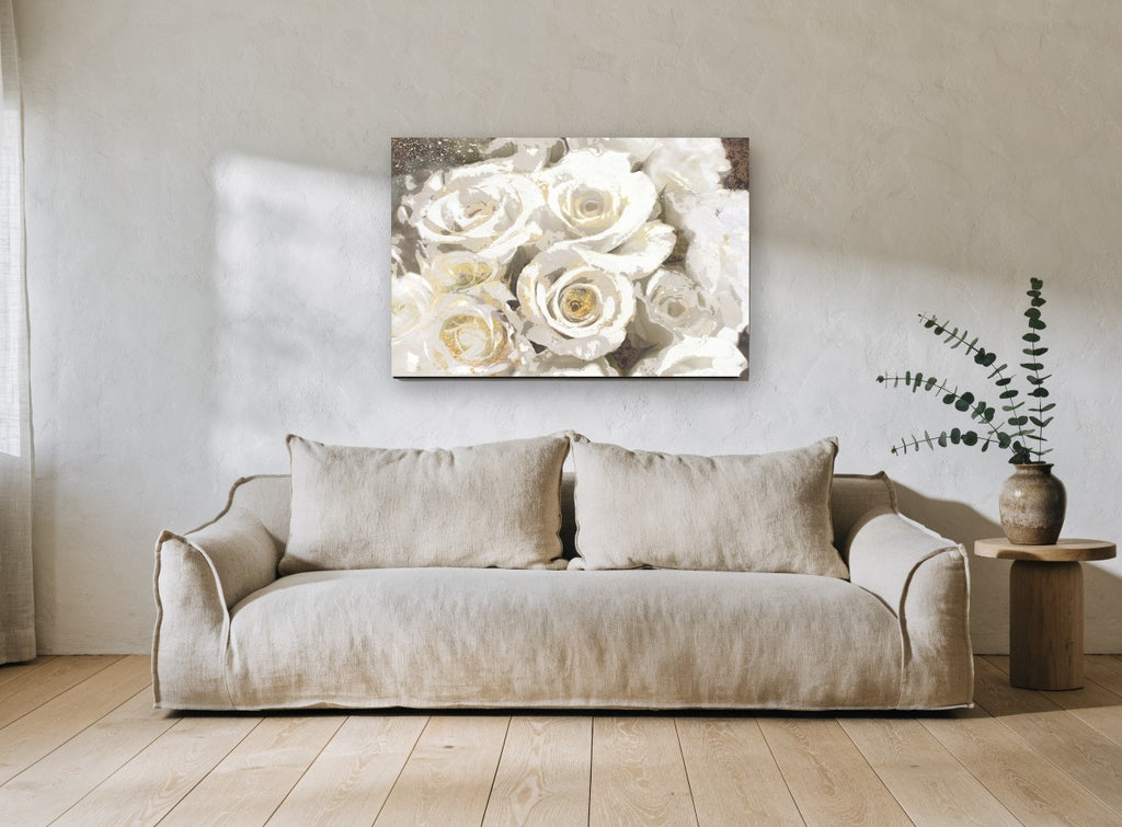 Gilded White Roses floral canvas print on the wall of a living room