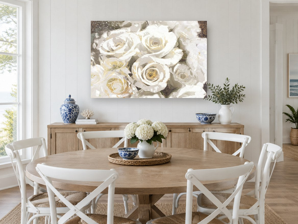 Gilded White Roses floral canvas print on the wall of a Hamptons dining room
