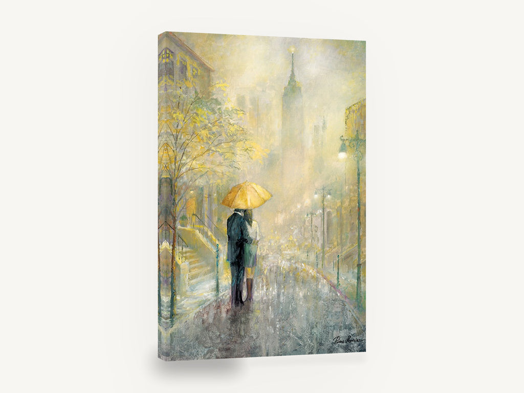 Yellow Umbrella Rain, new york couple under umbrella painting, city canvas wall art print ready to hang
