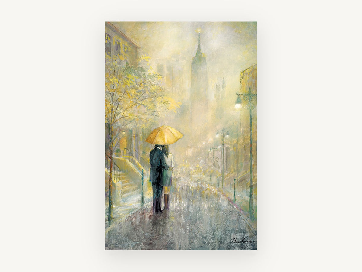 Yellow Umbrella Rain, new york couple under umbrella painting, city canvas wall art print, front view