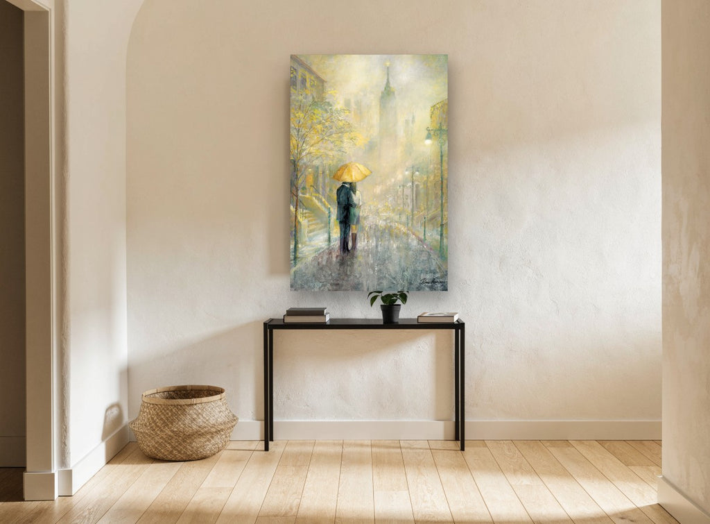 Yellow Umbrella Rain city canvas print on the wall of a hallway
