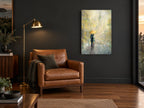 Yellow Umbrella Rain city canvas print on the wall of a charcoal living room