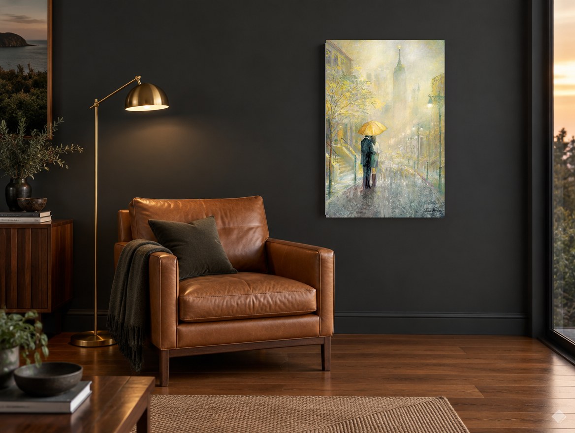 Yellow Umbrella Rain city canvas print on the wall of a charcoal living room