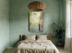 Umbrella Kiss Under the Bridge city canvas print on the wall of a bedroom