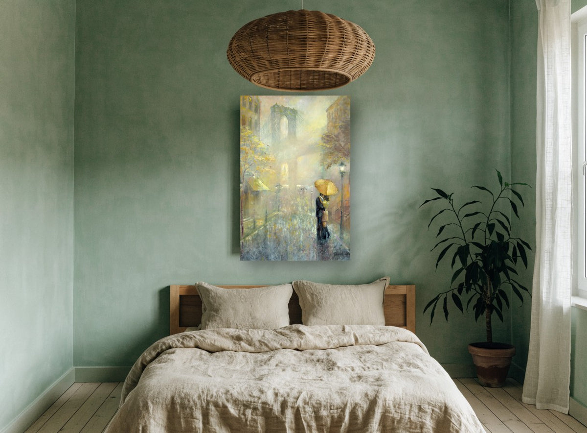 Umbrella Kiss Under the Bridge city canvas print on the wall of a bedroom