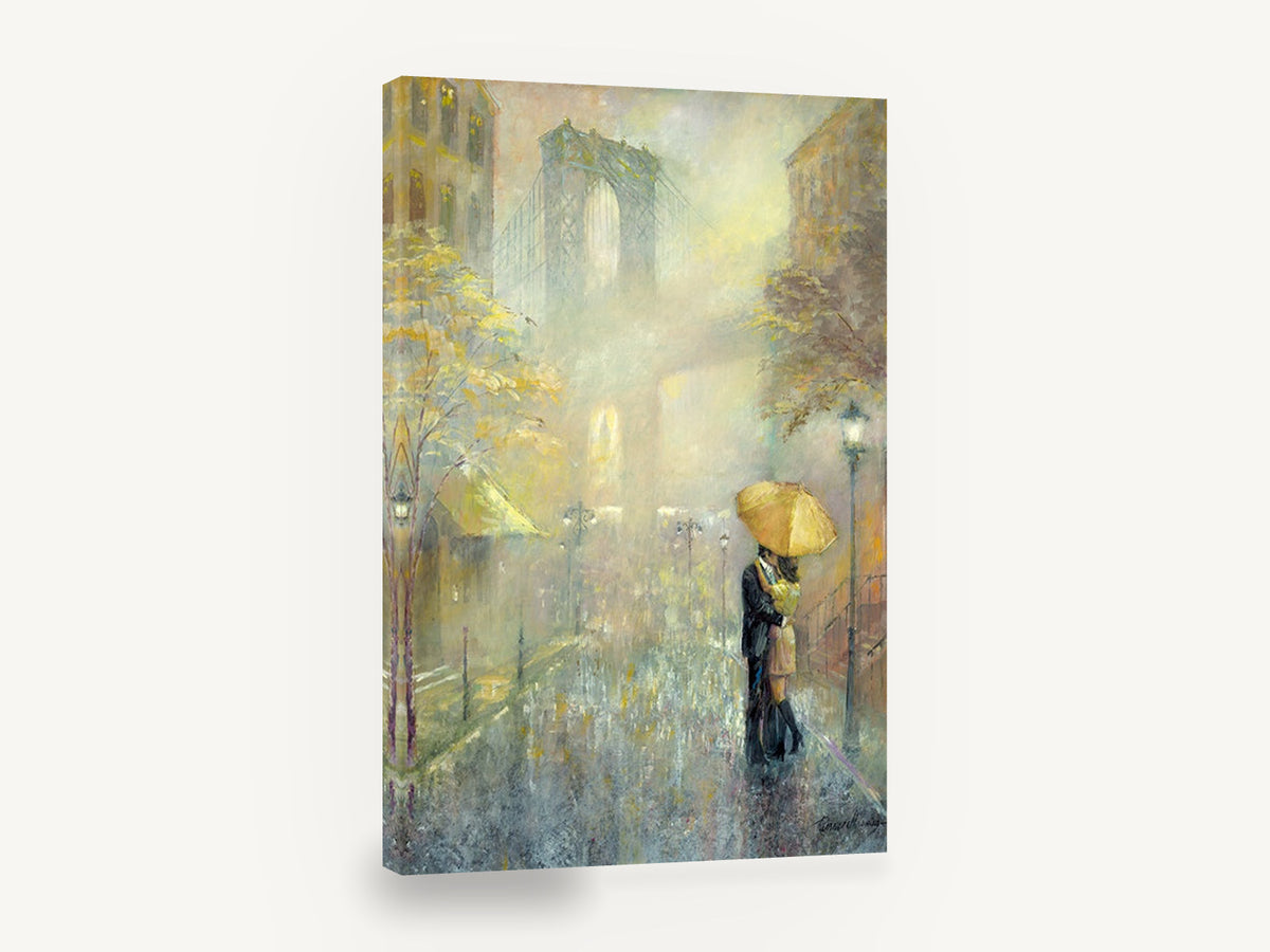 Umbrella Kiss Under the Bridge, rainy new york bridge couple umbrella art, city canvas wall art print ready to hang