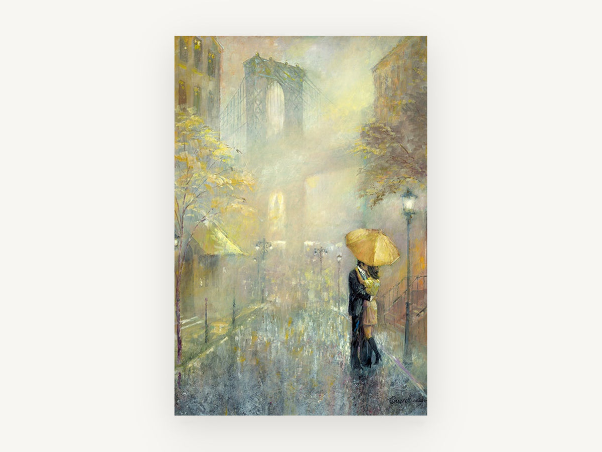 Umbrella Kiss Under the Bridge, rainy new york bridge couple umbrella art, city canvas wall art print, front view