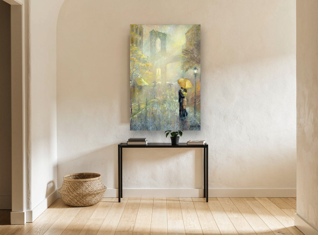 Umbrella Kiss Under the Bridge city canvas print on the wall of a hallway