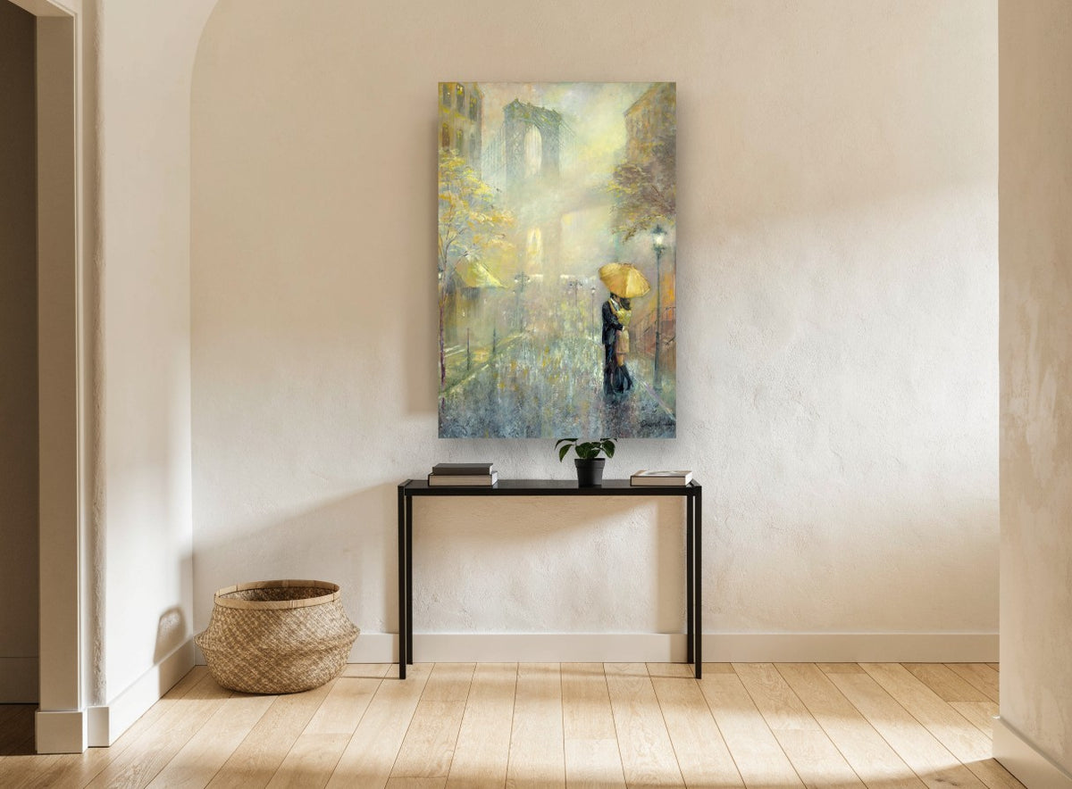 Umbrella Kiss Under the Bridge city canvas print on the wall of a hallway