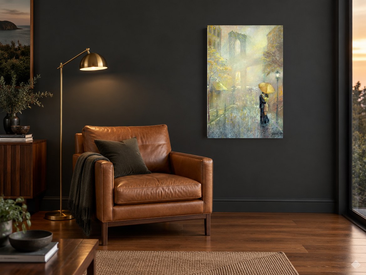 Umbrella Kiss Under the Bridge city canvas print on the wall of a charcoal living room
