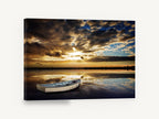 Still Water Dinghy, sunset boat reflection photograph, coastal canvas wall art print ready to hang