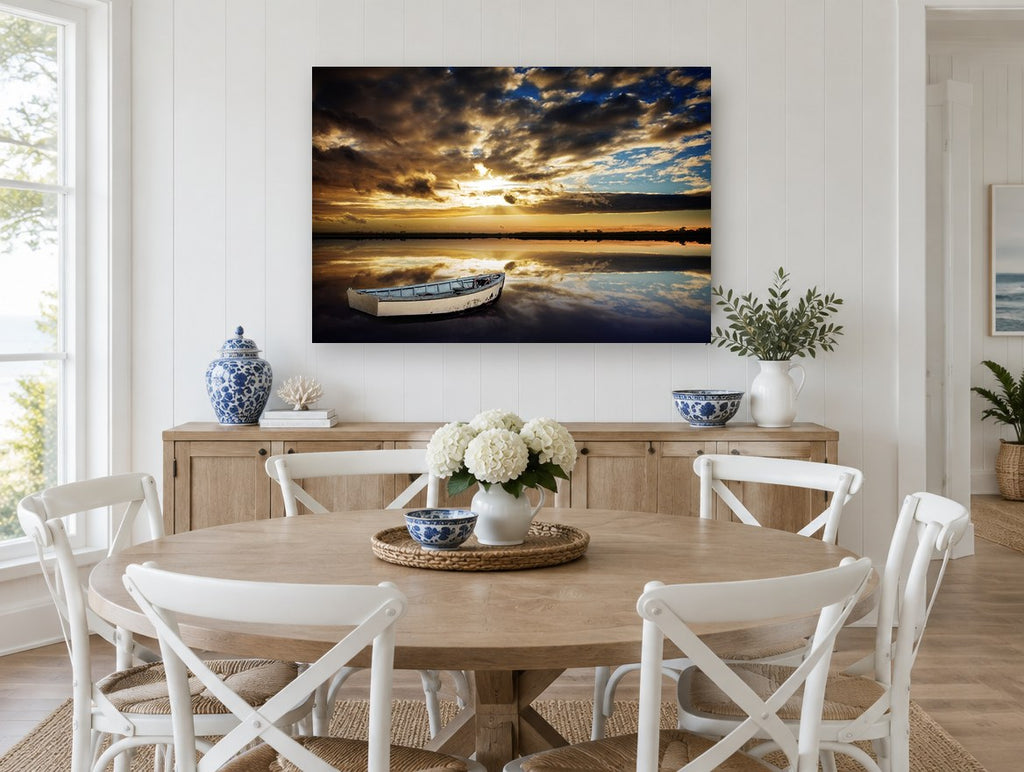 Still Water Dinghy coastal canvas print on the wall of a Hamptons dining room