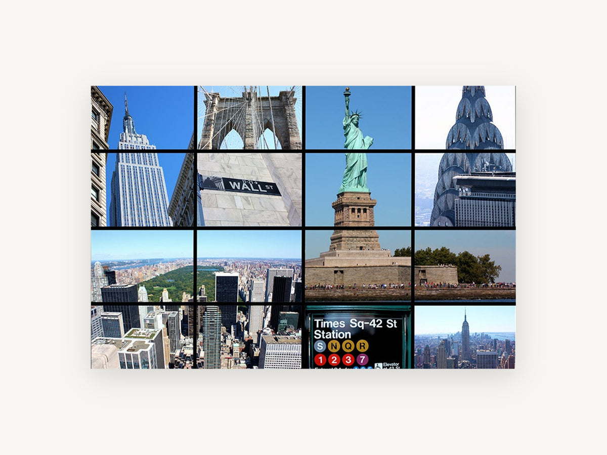 Manhattan Grid Montage, new york city landmarks photo collage, city canvas wall art print, front view