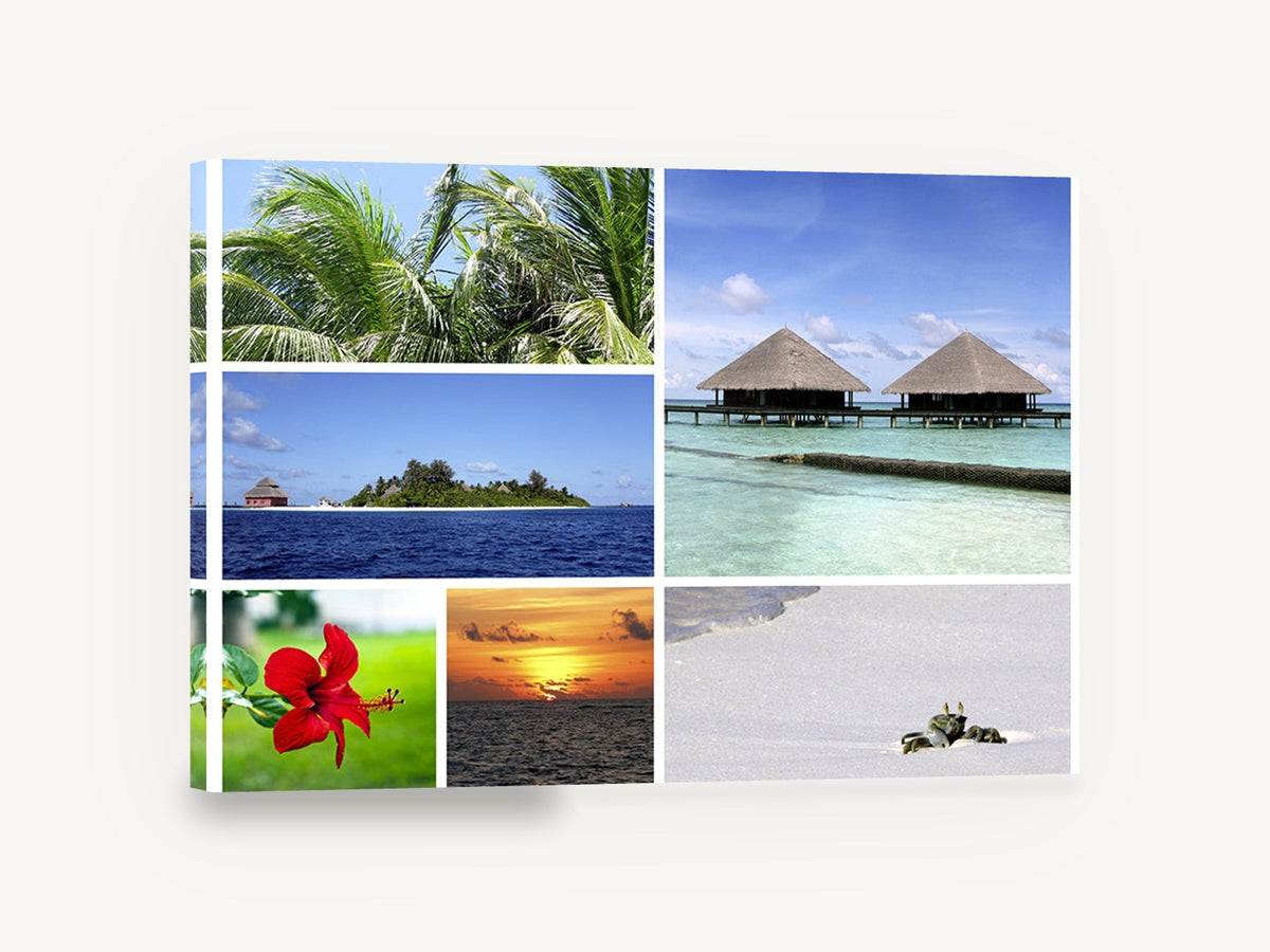 Maldives Island Collage, maldives tropical resort photo collage, coastal canvas wall art print ready to hang