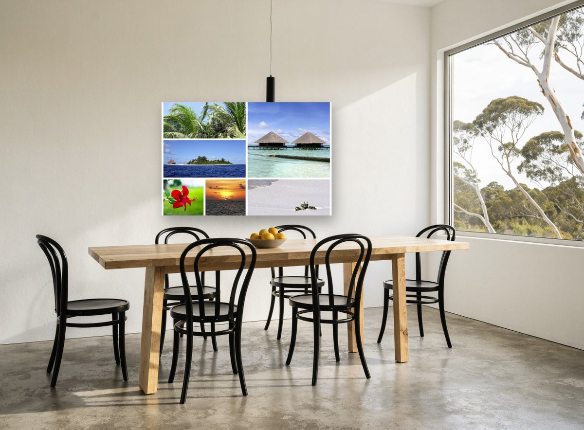 Maldives Island Collage coastal canvas print on the wall of a dining room