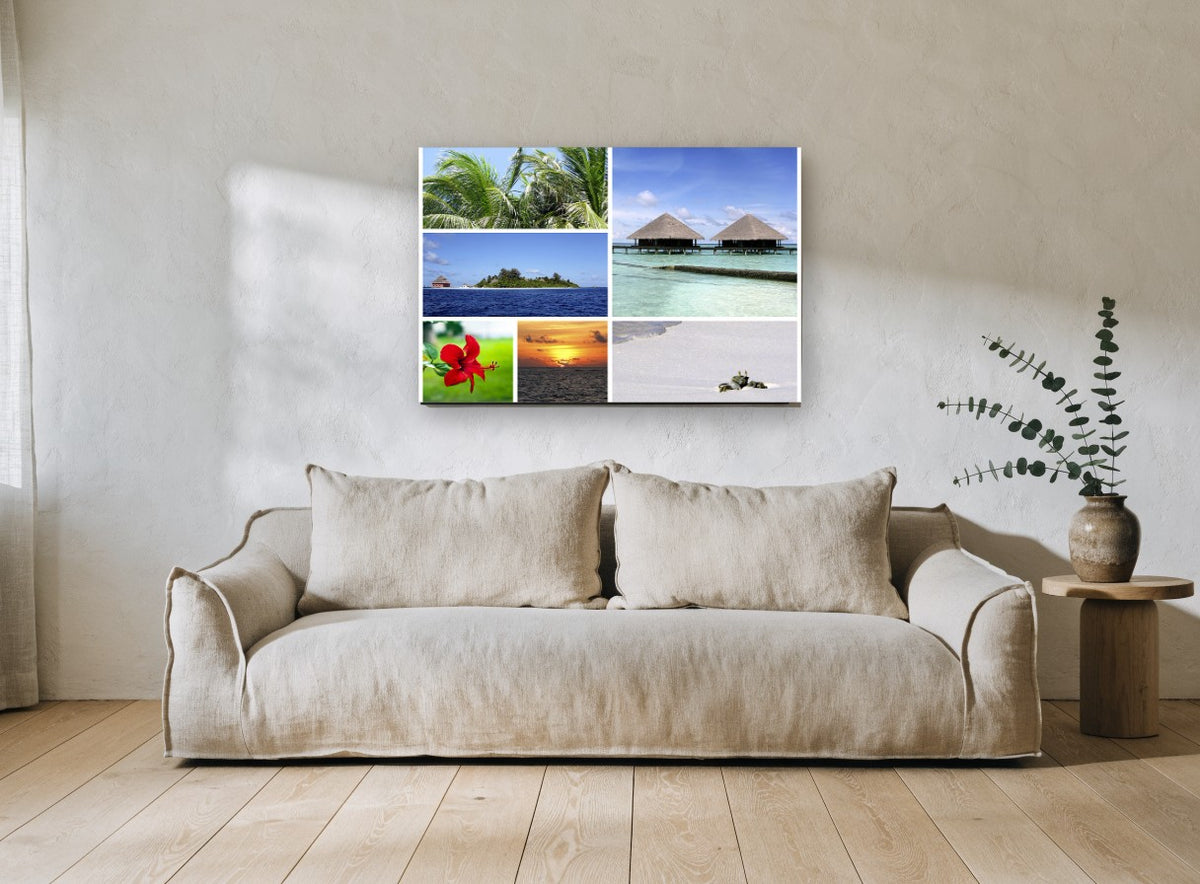 Maldives Island Collage coastal canvas print on the wall of a living room
