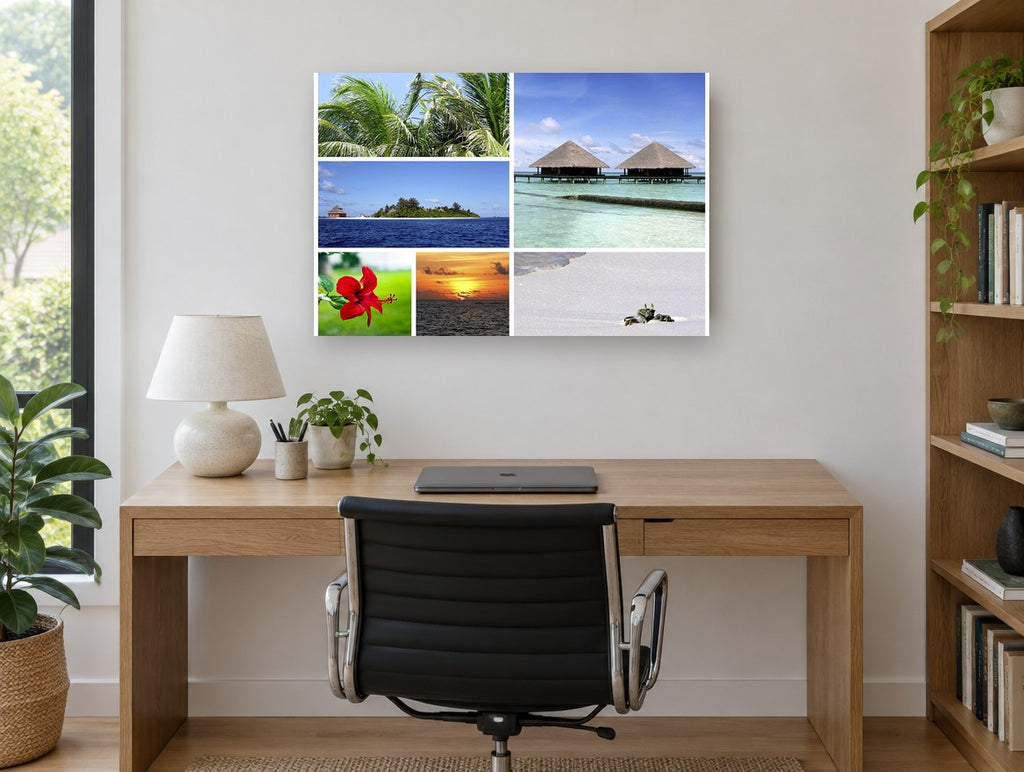 Maldives Island Collage coastal canvas print on the wall of a study