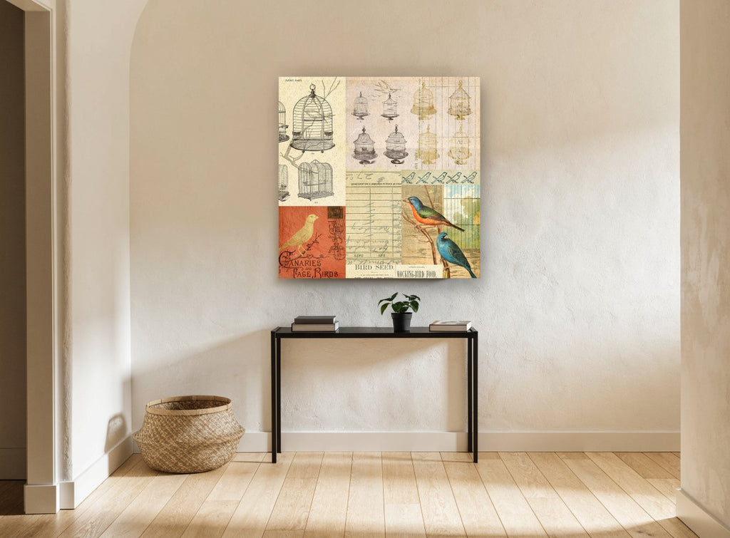 Parrot Cages Collage animal canvas print on the wall of a hallway