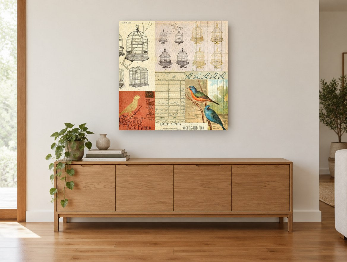 Parrot Cages Collage animal canvas print on the wall of a living room above a sideboard